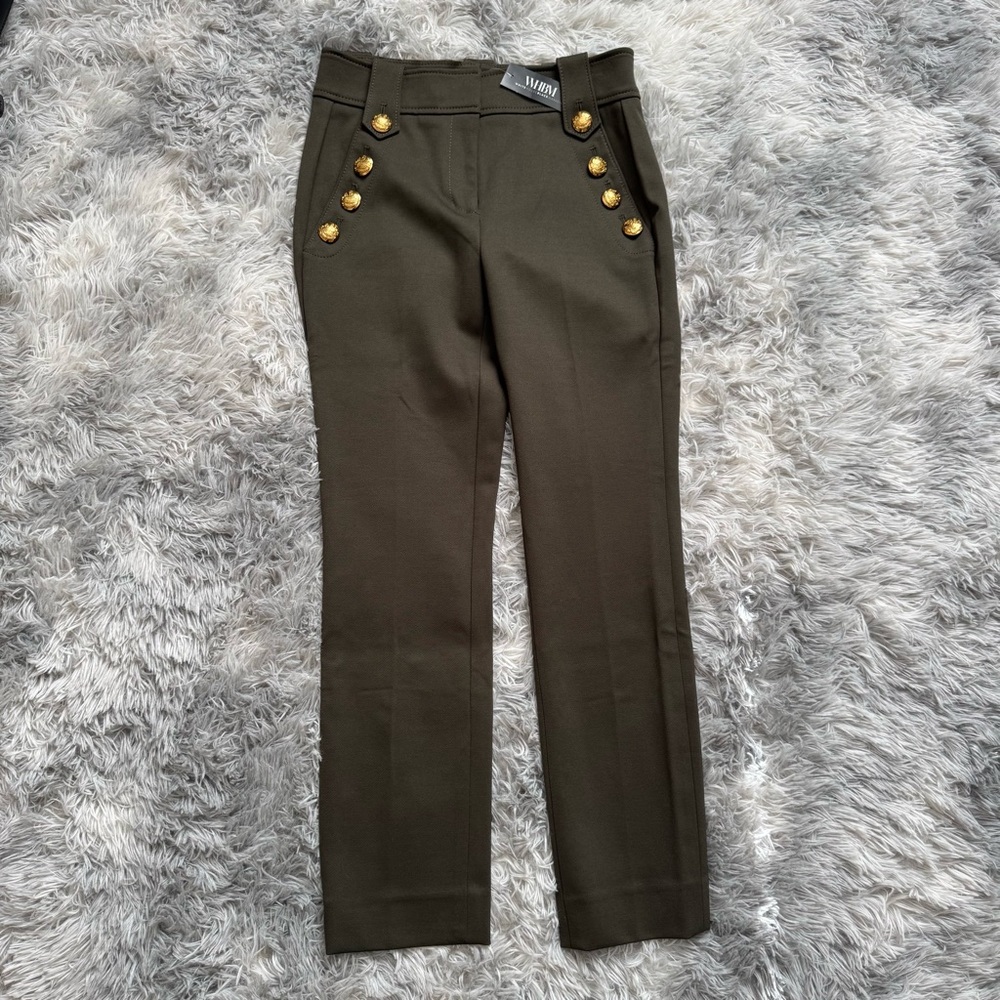 NWT Jolie Luxe Stretch Straight Sergeant Green Gold Buttons Work Pants 0 WHBM